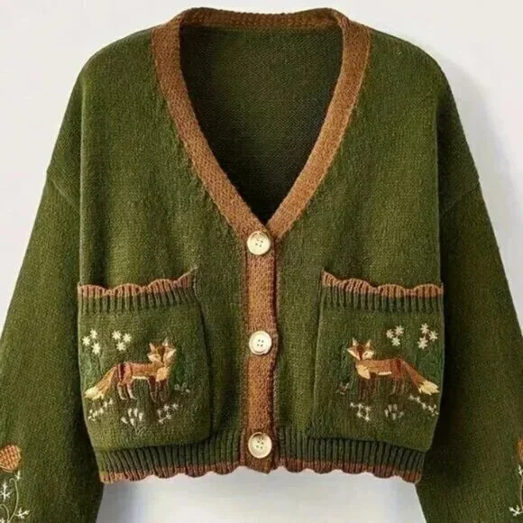 Button Up Fox Nature Army Green Cardigan With Pockets - Picture 2 of 6
